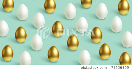 Happy Easter festive blue background with gold and white Easter eggs. Vector illustration 75536509