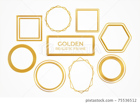 Set of gold metal realistic frames of different shapes isolated on white background. Vector illustration 75536512