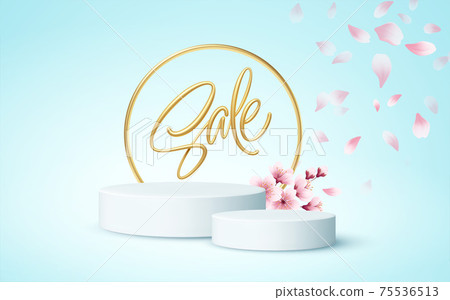 Product podium scene with a branch of blooming sakura on a blue background. Vector illustration 75536513