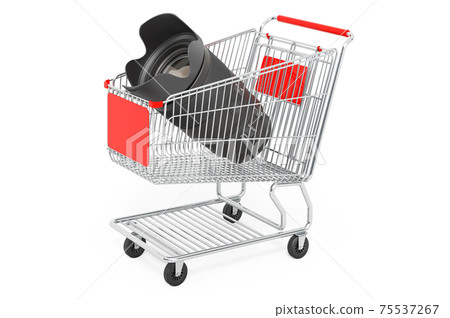 Shopping cart with camera lens. 3D rendering Shopping cart with camera lens. 3D rendering 75537267