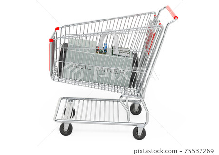 Shopping cart with ASIC miner. 3D rendering Shopping cart with ASIC miner. 3D rendering 75537269