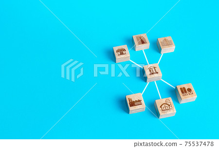 Block figurine bank is connected with institutions establishment and civil organizations. The functioning of the financial banking system. Lending and operating money transactions. Regulation economy 75537478