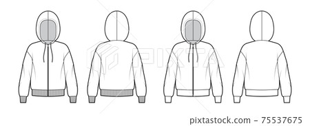 Set of Zip-up Hoody sweatshirt technical fashion illustration with long sleeves, oversized body, knit cuff, banded hem 75537675