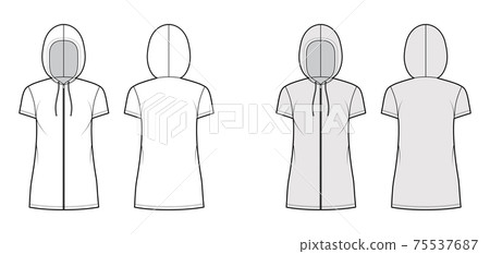 Zip-up Hoody dress technical fashion illustration with short sleeves, mini length, oversized body, Pencil fullness 75537687