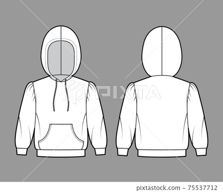 Hoody sweatshirt technical fashion illustration with elbow sleeves, relax body, kangaroo pouch, banded hem, drawstring Hoody sweatshirt technical fashion illustration with elbow sleeves, relax body, kangaroo pouch, banded hem, drawstring 75537712