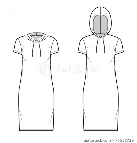 Set of Hoody dresses technical fashion illustration with short sleeves, knee length, oversized body, Pencil fullness 75537729