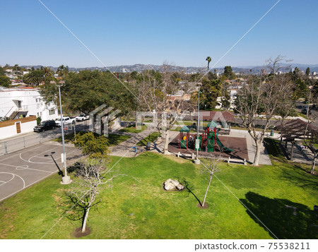 Aerial view above small park at Reynier Village neighborhood in West Los Angeles Aerial view above small park at Reynier Village neighborhood in West Los Angeles 75538211