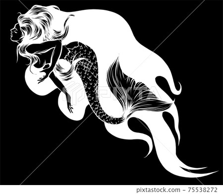 Cute cartoon mermaids. Siren. Sea silhouette in black background. vector illustration Cute cartoon mermaids. Siren. Sea silhouette in black background. vector illustration 75538272