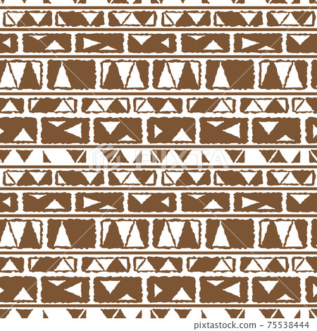 Horizontal brown white monochrome vector tribal abstract geometric border seamless pattern. Illustration contains lines, dots, triangles, rectangles like wall bricks for background print or textiles. Horizontal brown white monochrome vector tribal abstract geometric border seamless pattern. Illustration contains lines, dots, triangles, rectangles like wall bricks for background print or textiles. 75538444