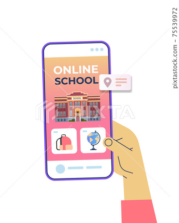 human hand using digital mobile app distance education online school e-learning social distance concept 75539972