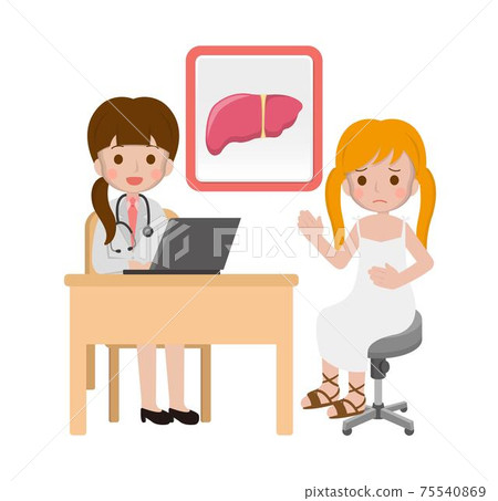 女孩與醫生,肝臟疾病的卡通漫畫向量 75540869