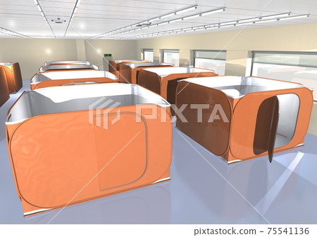 防災防災，傳染病對策，避難所，隱私保護，帳篷風景，橙色圖像（3DCG） 75541136