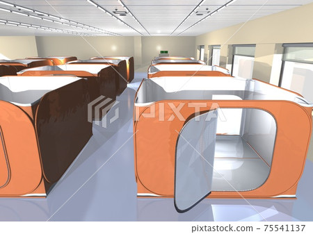 Disaster disaster prevention, infectious disease countermeasures, shelter, privacy assurance, tent scenery, orange image (3DCG) 75541137