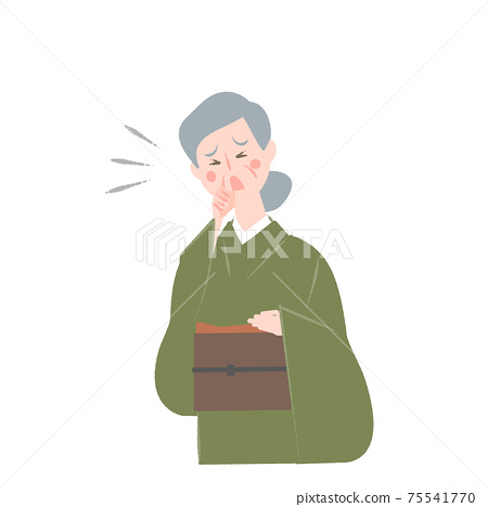 An Elderly Woman In A Kimono Who Looks Sick - Stock Illustration ...