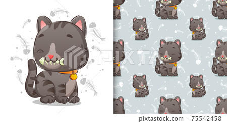 The pattern of a cute cat is eating a bone fish with a very happy face 75542458