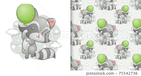 The hand drawing of the cute raccoon flying with the coloured balloon in the sky 75542736