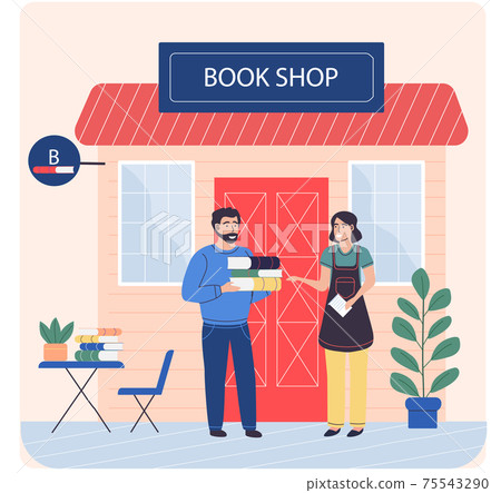 Man buys books from woman near small bookstore. Businesswoman sells books to readers in shop 75543290
