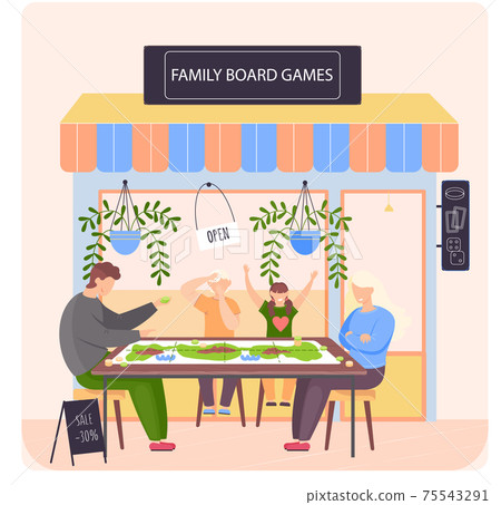 Family board games shop, awning with entertaining acts, people sitting near store playing table game Family board games shop, awning with entertaining acts, people sitting near store playing table game 75543291