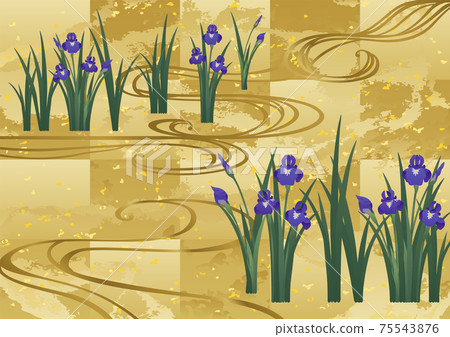 Decorative background-gold leaf with irises and running water 75543876