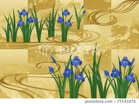 Decorative background-gold leaf with iris and running water 75543878