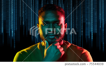 young african american man over binary code young african american man over binary code 75544039