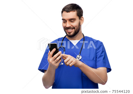 smiling doctor or male nurse using smartphone smiling doctor or male nurse using smartphone 75544120