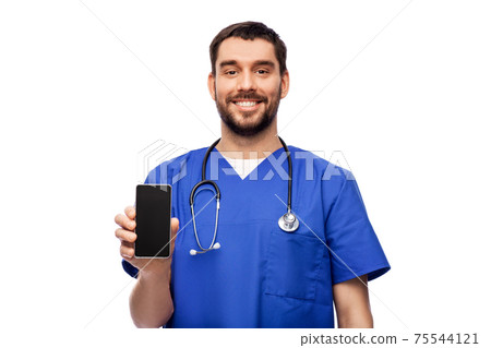 smiling doctor or male nurse with smartphone 75544121