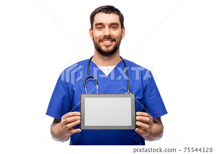 happy doctor or male nurse showing tablet computer happy doctor or male nurse showing tablet computer 75544128