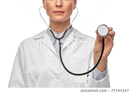 close up of female doctor with stethoscope close up of female doctor with stethoscope 75544167