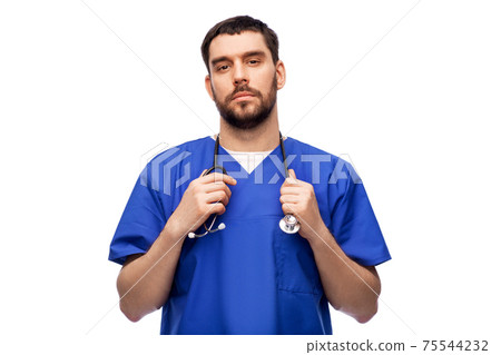doctor or male nurse with stethoscope doctor or male nurse with stethoscope 75544232