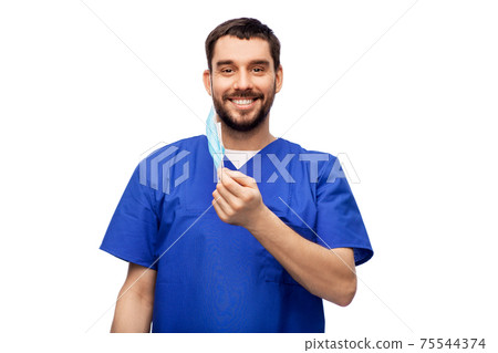 smiling male doctor in blue uniform with mask smiling male doctor in blue uniform with mask 75544374