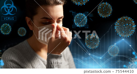 sick woman adjusting protective medical face mask 75544410