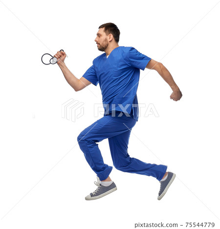 doctor or male nurse with stethoscope jumping doctor or male nurse with stethoscope jumping 75544779