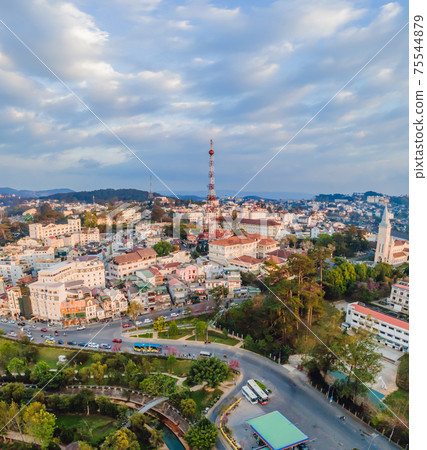 Aerial view of Dalat city. The city is located on the Langbian Plateau in the southern parts of the Central Highlands region of Vietnam 75544879