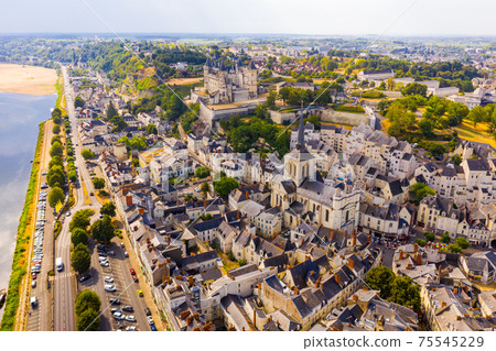 Aerial view of the city of Saumur and medieval castle Saumur on the banks of the Loire river Aerial view of the city of Saumur and medieval castle Saumur on the banks of the Loire river 75545229