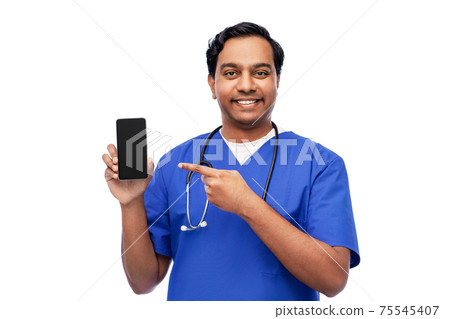 happy indian doctor or male nurse with smartphone happy indian doctor or male nurse with smartphone 75545407
