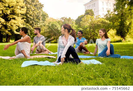 group of people doing yoga at summer park group of people doing yoga at summer park 75545662