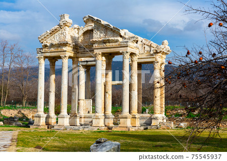 Monumental gateway or tetrapylon in ancient city of Aphrodisias, Turkey Monumental gateway or tetrapylon in ancient city of Aphrodisias, Turkey 75545937