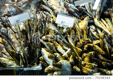 Assortment of cured fish in russian food store 75546383