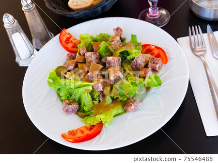 French salad with headcheese, pickles, greens, tomatoes French salad with headcheese, pickles, greens, tomatoes 75546488