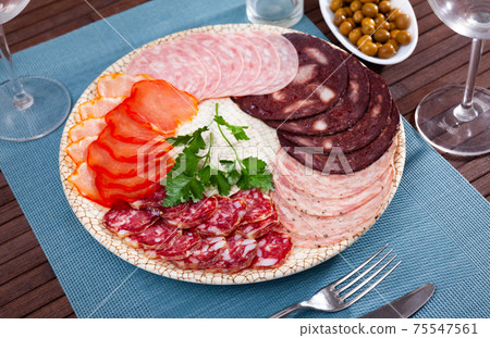 Slices of Spanish dry-cured gammon, variety of sausages Slices of Spanish dry-cured gammon, variety of sausages 75547561