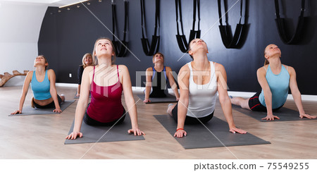 Girls practicing yoga positions indoors Girls practicing yoga positions indoors 75549255
