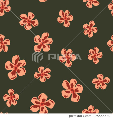 Random seamless pattern with pink daisy flower ornament. Dark green pale background. Botanic artwork. Random seamless pattern with pink daisy flower ornament. Dark green pale background. Botanic artwork. 75553380