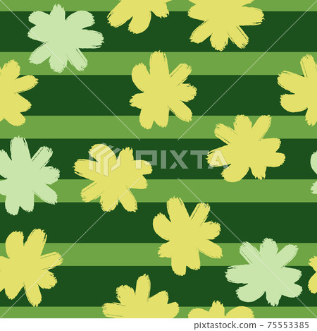 Yellow random flower bud silhouettes seamless pattern with green striped background. Hand drawn nature print. 75553385