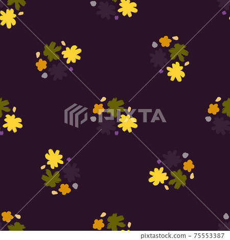 Dark tones seamless pattern with botanic contrast yellow and green flower buds. Purple background. 75553387