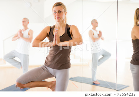 Scene of a group of people practicing couples yoga Scene of a group of people practicing couples yoga 75554232