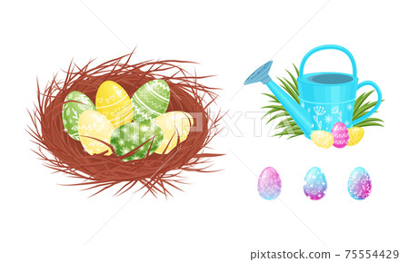 Decorated Easter Egg Rested in Nest and Near Watering Can in the Garden as Holiday Symbols Vector Set 75554429
