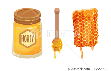 Glass Jar with Sugary Honey Fluid and Honeycomb Vector Set 75554529