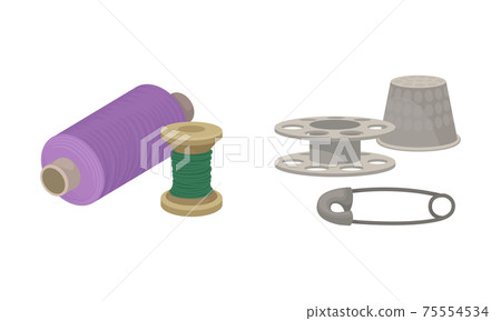 Sewing and Tailoring Accessories with Threads and Thimble Vector Set Sewing and Tailoring Accessories with Threads and Thimble Vector Set 75554534