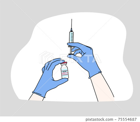 Covid-19 Coronavirus concept. vaccine vial and syringe. Hand drawn in thin line style, vector illustrations.  75554687
